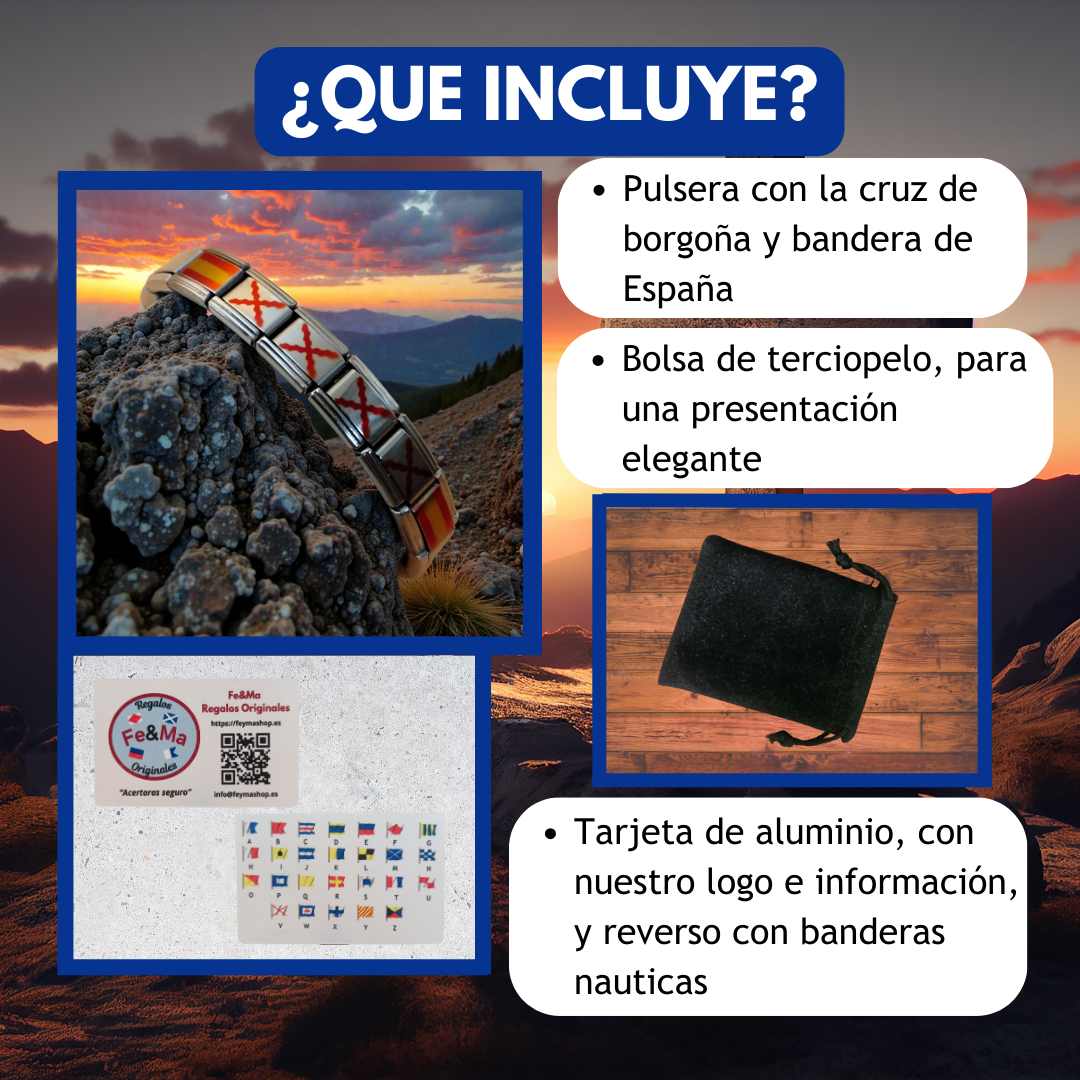 Pulsera Cruz de Borgoña y Bandera de España - Acero Inoxidable Brillante