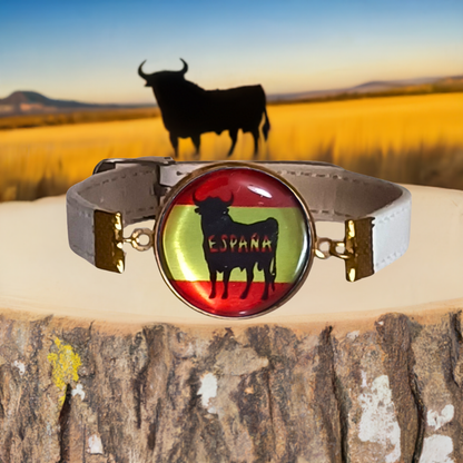 Pulsera con Bandera de España con Toro - Medallón en Correa Ajustable, Regalo Original con Orgullo Nacional